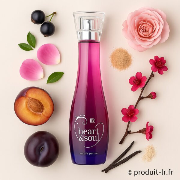 Flacon Heart & Soul de LR Health & Beauty au centre d’une composition florale et fruitée avec prune, vanille, jasmin et rose