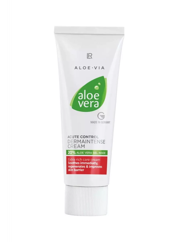 Tube blanc de Crème Régulatrice DermaIntense LR Aloe VIA 50ml avec logo vert aloe vera, soin expert pour peaux sensibles atopiques avec 20% aloe vera et vitamine B12