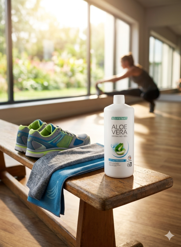 Bouteille de Gel à boire Aloe Vera Active Freedom LR Lifetakt posée sur un banc de sport en bois avec des chaussures de running et une serviette, dans une salle de fitness lumineuse.