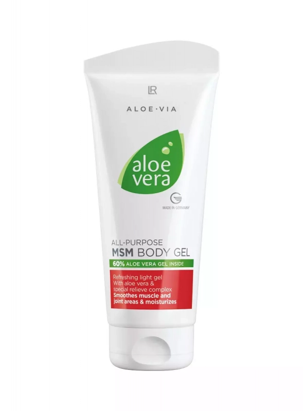 Tube blanc et rouge de MSM Body Gel LR Aloe VIA 200ml, gel corps régénérant avec 60% aloe vera et MSM soufre organique pour raffermissement et élasticité