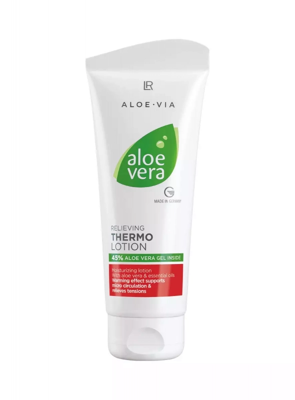 Flacon blanc de Thermolotion LR Aloe VIA 100ml avec logo vert aloe vera, lotion chauffante bi-phasique pour soulagement musculaire et détente articulaire
