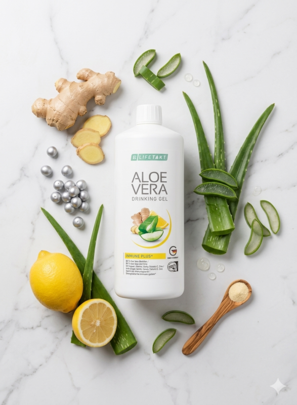 Composition à plat (flat lay) du gel à boire Aloe Vera Immune Plus LR entouré de gingembre frais, tranches de citron et feuilles d'aloe vera sur marbre blanc.