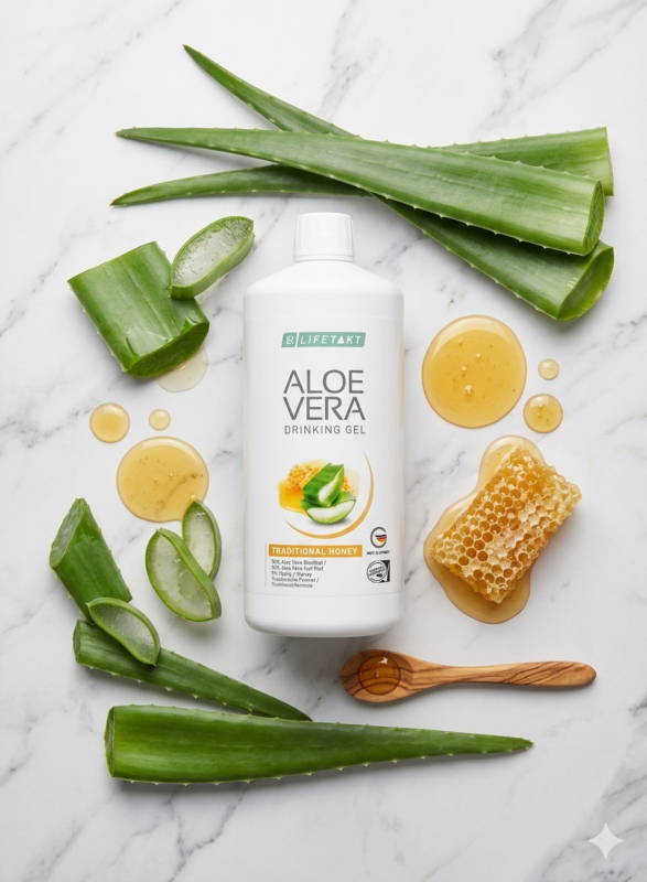 Vue de dessus d'une bouteille d'Aloe Vera au Miel LR LIFETAKT entourée de feuilles d'aloe vera fraîches et de miel pur sur marbre.