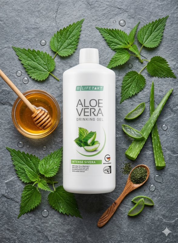 Vue de dessus (flat lay) de la bouteille Aloe Vera Intense Sivera entourée de feuilles d'ortie fraîches, d'aloe vera et d'un bol de miel sur fond d'ardoise.