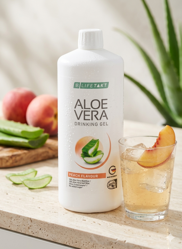 Bouteille d'Aloe Vera Gel à Boire Pêche LR Lifetakt avec un verre de gel frais et des pêches sur un plan de travail lumineux.