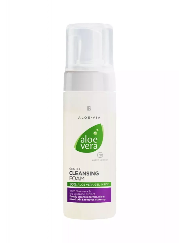 Mousse nettoyante LR Aloe VIA blanc 150ml spray avec logo aloe vera green, nettoyage doux hydratant sans alcool