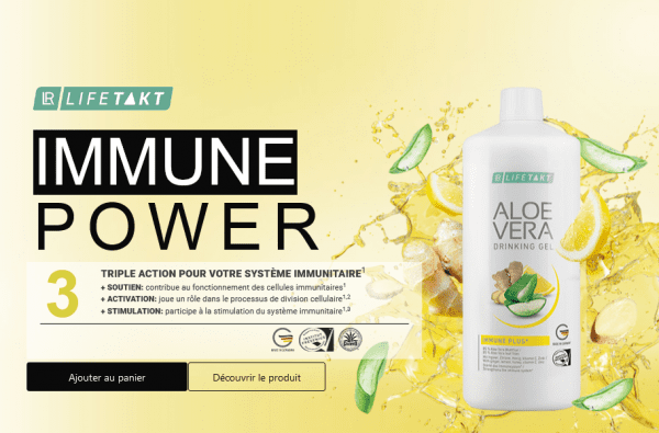 Visuel du Gel à Boire Aloe Vera Immune Plus LR avec mention Immune Power – Complément naturel pour l’immunité