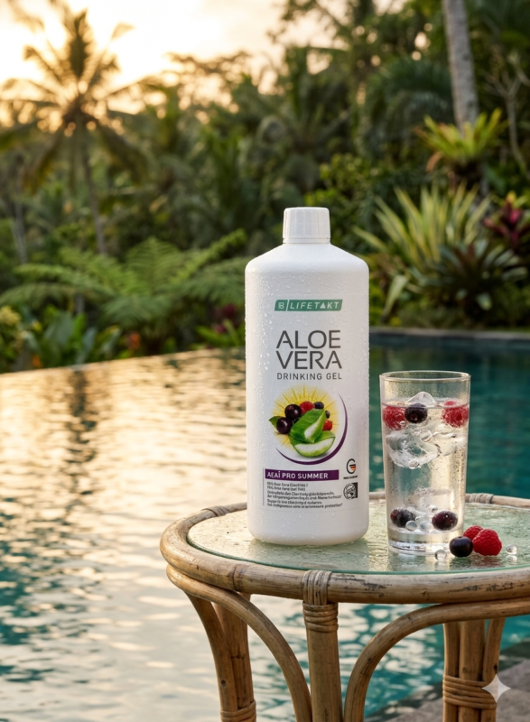Bouteille de Gel à boire Aloe Vera Açaï Pro Summer LR Lifetakt rafraîchie par la condensation, posée sur une table en rotin au bord d'une piscine tropicale avec un verre d'eau aux baies d'açaï.