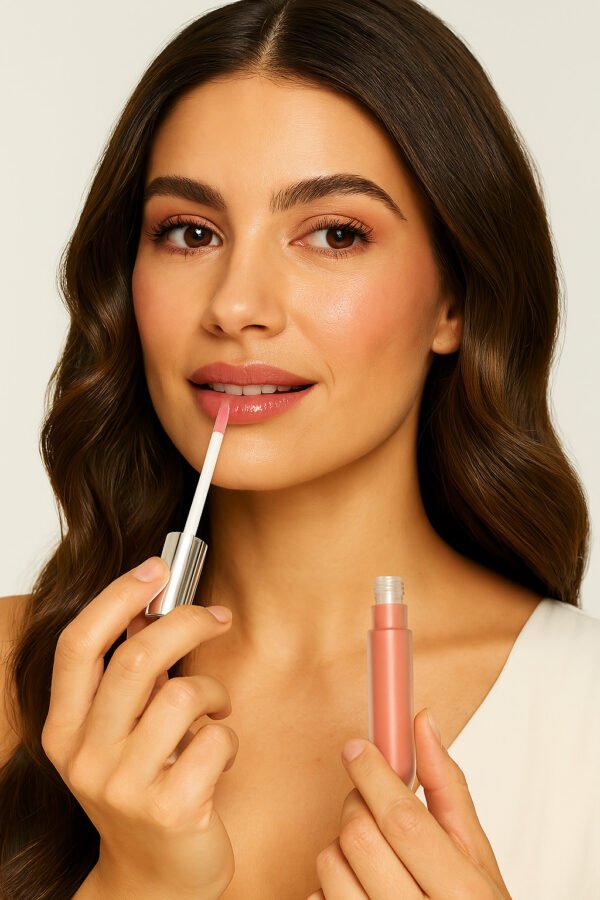 Femme brune appliquant un gloss rose doux avec un applicateur mousse – lèvres brillantes et look naturel.