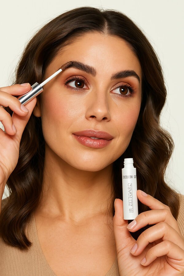 Femme souriante appliquant le gel à sourcils LR ZEITGARD, maquillage naturel et peau lumineuse.