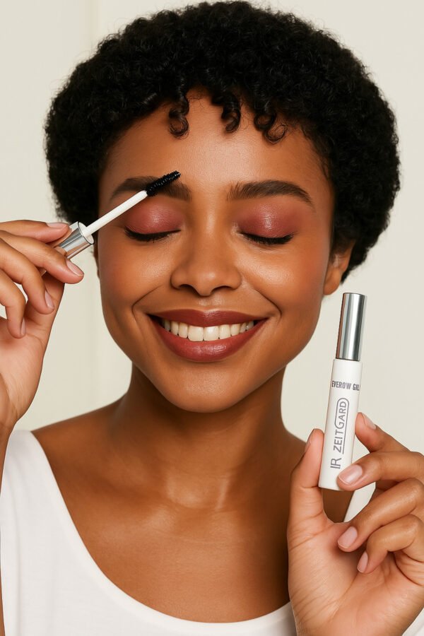 Femme noire souriante appliquant du gel à sourcils LR ZEITGARD avec une brosse, maquillage naturel et peau lumineuse.