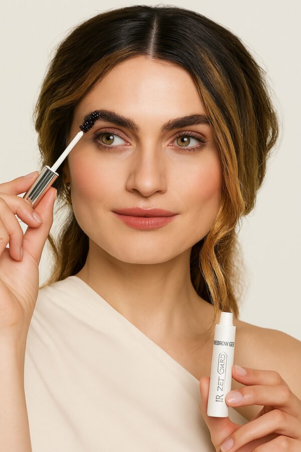 Femme appliquant du gel à sourcils LR ZEITGARD avec une brosse, maquillage naturel et regard soigné.