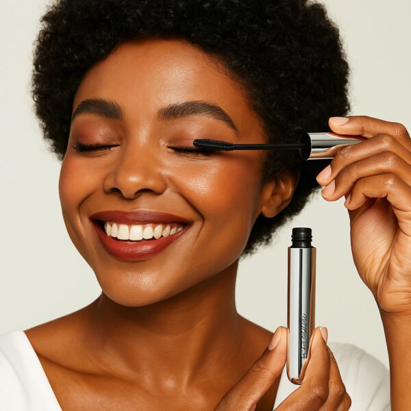Femme noire souriante appliquant du mascara avec une brosse incurvée – maquillage naturel et lumineux.