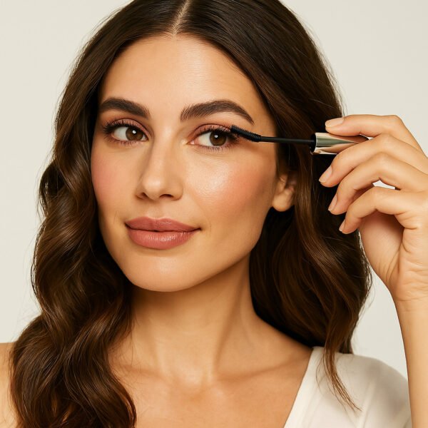 Femme brune au teint lumineux appliquant du mascara avec une brosse incurvée – maquillage naturel et regard intense.