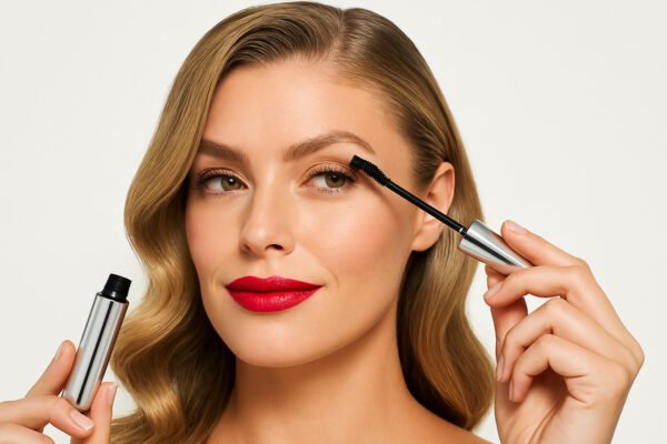 Femme blonde appliquant du mascara avec une brosse incurvée – maquillage glamour et lèvres rouges.
