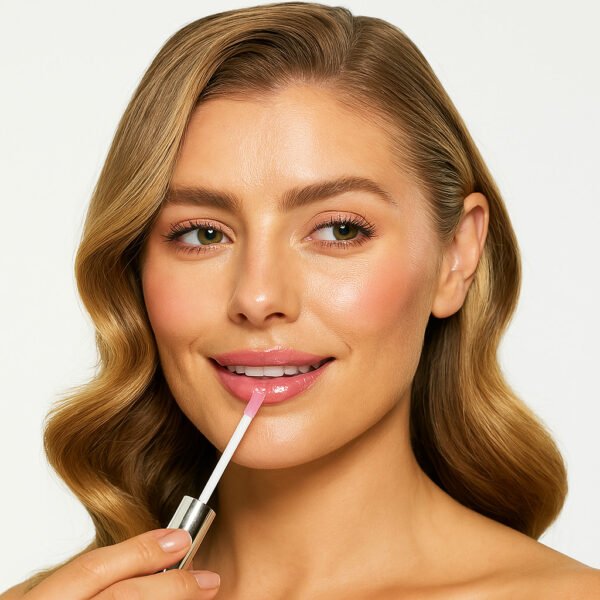 Femme blonde appliquant du gloss rose avec un applicateur mousse – lèvres brillantes et teint lumineux.