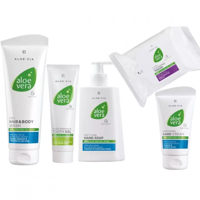 Set LR Aloe Vera Basic II avec 5 produits : savon mains, crème mains, dentifrice, shampooing 2 en 1, lingettes nettoyantes