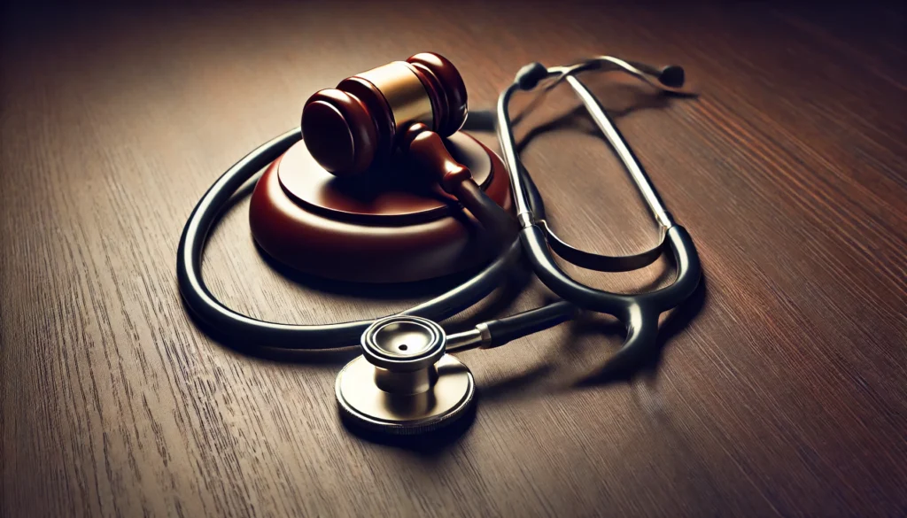Stéthoscope enroulé autour d’un marteau de juge sur une table en bois, symbolisant la responsabilité médicale.