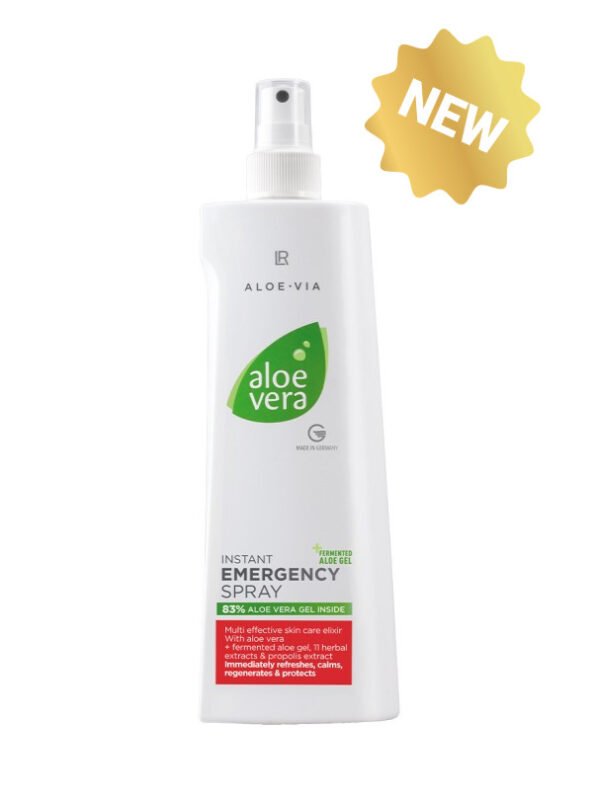 Flacon blanc et vert de LR Aloe VIA Emergency Spray (400ml). Spray multi-usages SOS à 83% aloe vera pur et 12 extraits de plantes médicinales. Formule sans alcool pour brûlures, piqûres, coups de soleil et peaux sensibles.