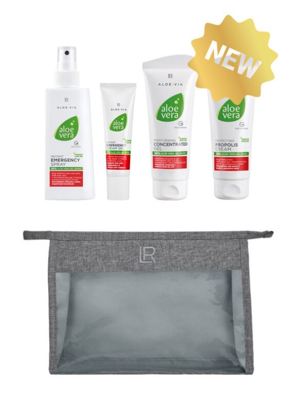 Trousse de secours LR Aloe Vera avec produits Emergency et badge "NOUVEAU"