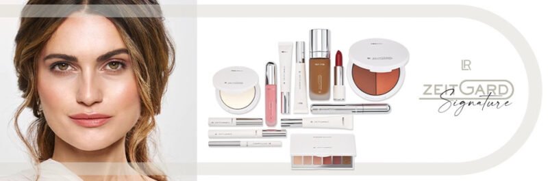 Gamme maquillage LR ZEITGARD Signature avec modèle féminin et produits cosmétiques