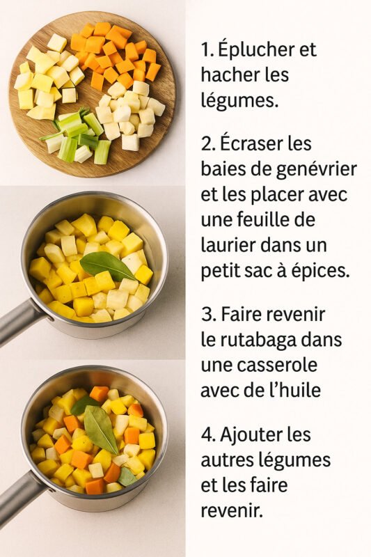 Étapes illustrées pour préparer un ragoût onctueux de navets, carotte, céleri-rave et poireau, mijoté au bouillon