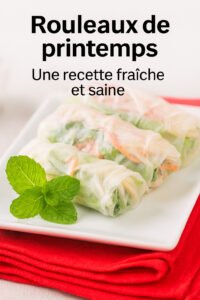Assiette de rouleaux de printemps végétariens au tofu, accompagnée de feuilles de menthe, sur une serviette rouge. Vue rapprochée en lumière naturelle.