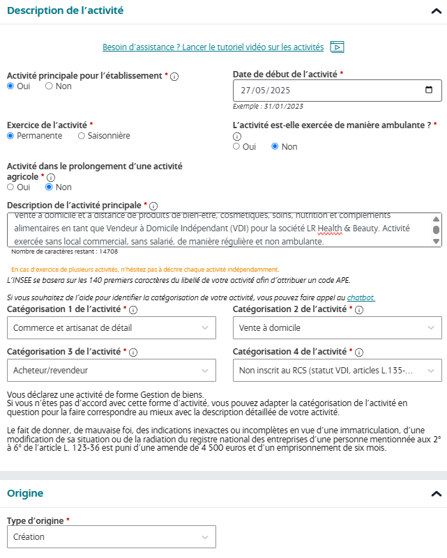 Formulaire INPI - Description complète de l’activité VDI LR Health & Beauty