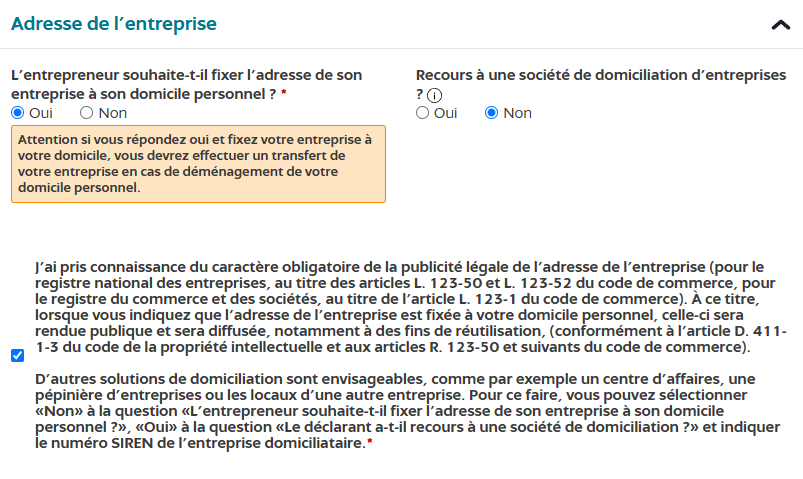 Formulaire INPI – choix de l’adresse de domiciliation de l’entreprise VDI