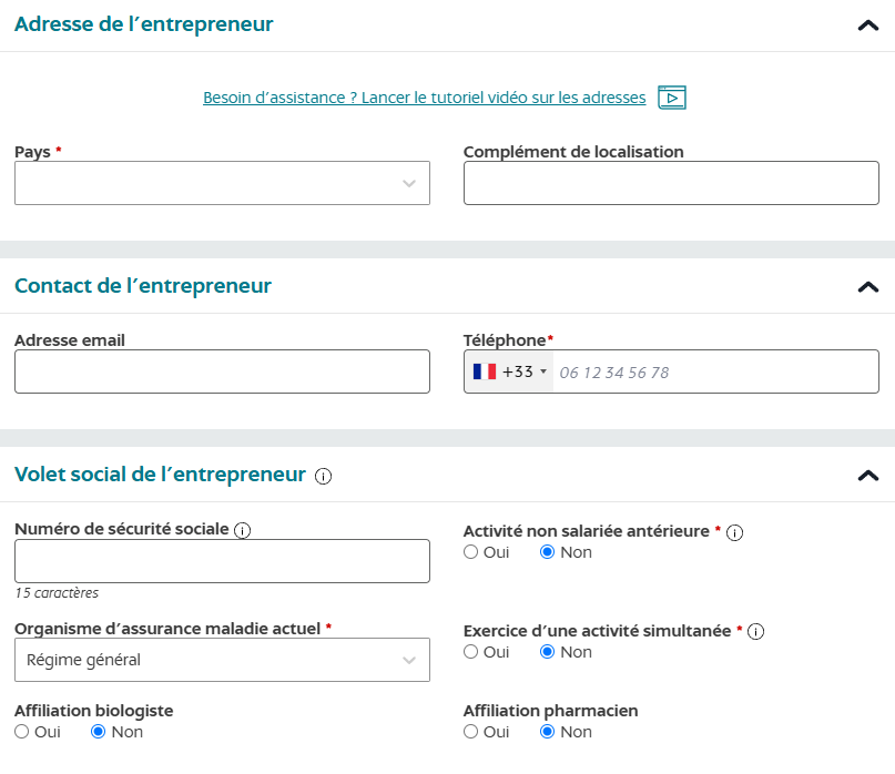 Formulaire INPI – coordonnées personnelles et protection sociale pour un VDI