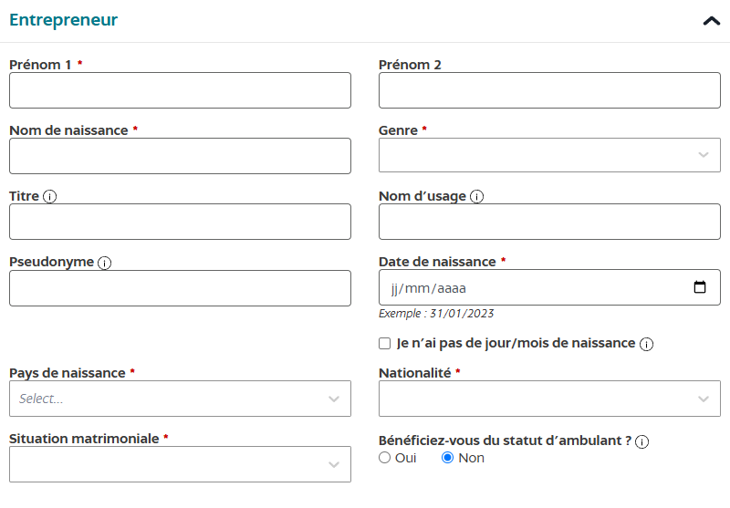 Formulaire d'enregistrement INPI pour un VDI – informations personnelles à remplir