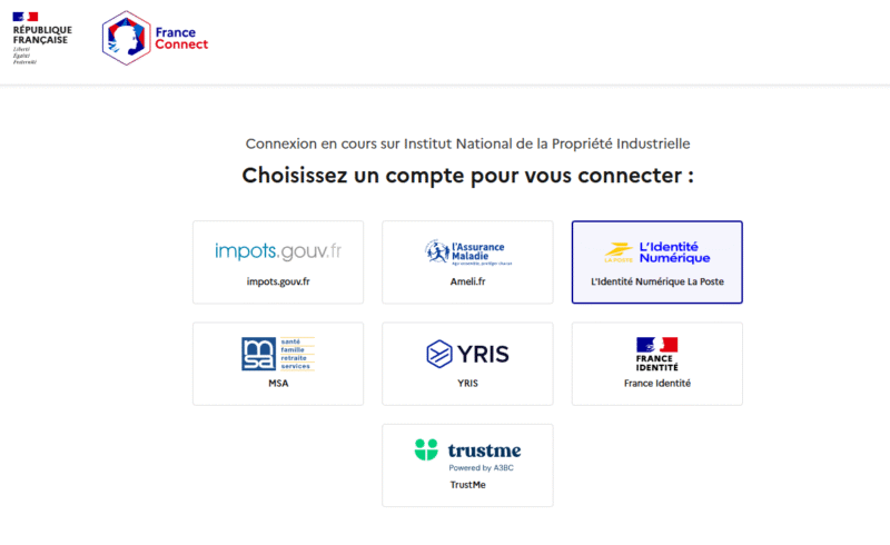 Sélection de l’identification avec FranceConnect sur le site de l’INPI