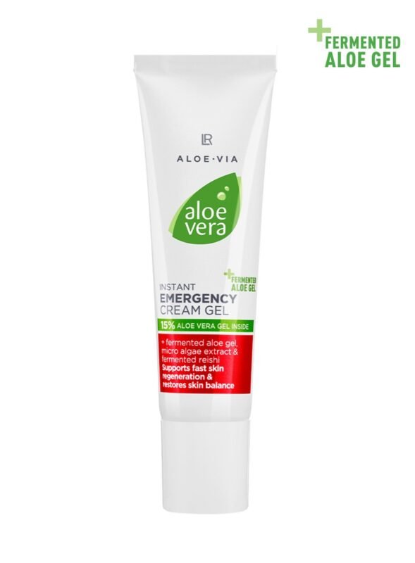 Tube compact 30ml de Gel-Crème de Secours LR Aloe VIA avec 15% aloe vera pur, microalgues et reishi. Gel SOS d'urgence pour apaisement instantané, hydratation double et régénération cutanée rapide.