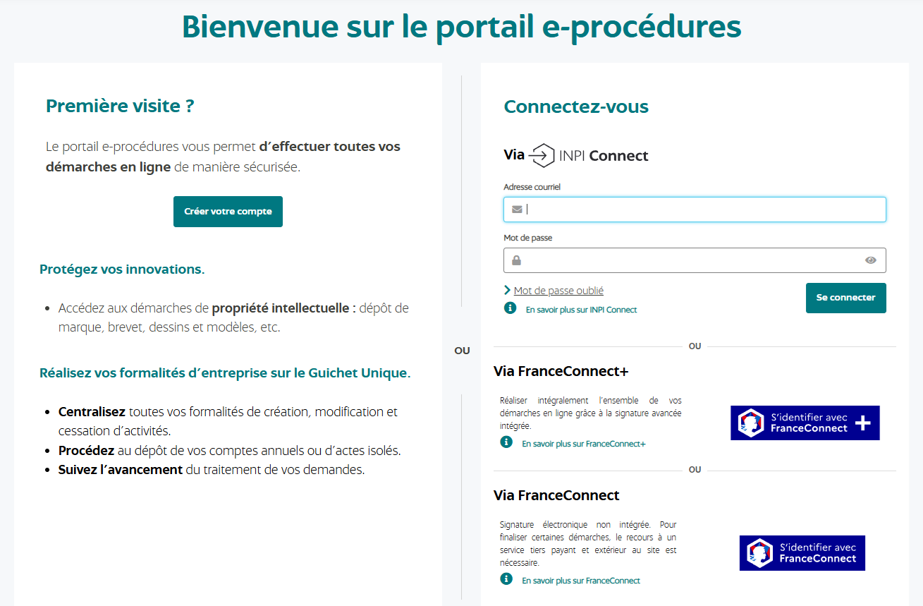 Page de connexion au portail e-procédures de l’INPI pour déclarer son activité VDI