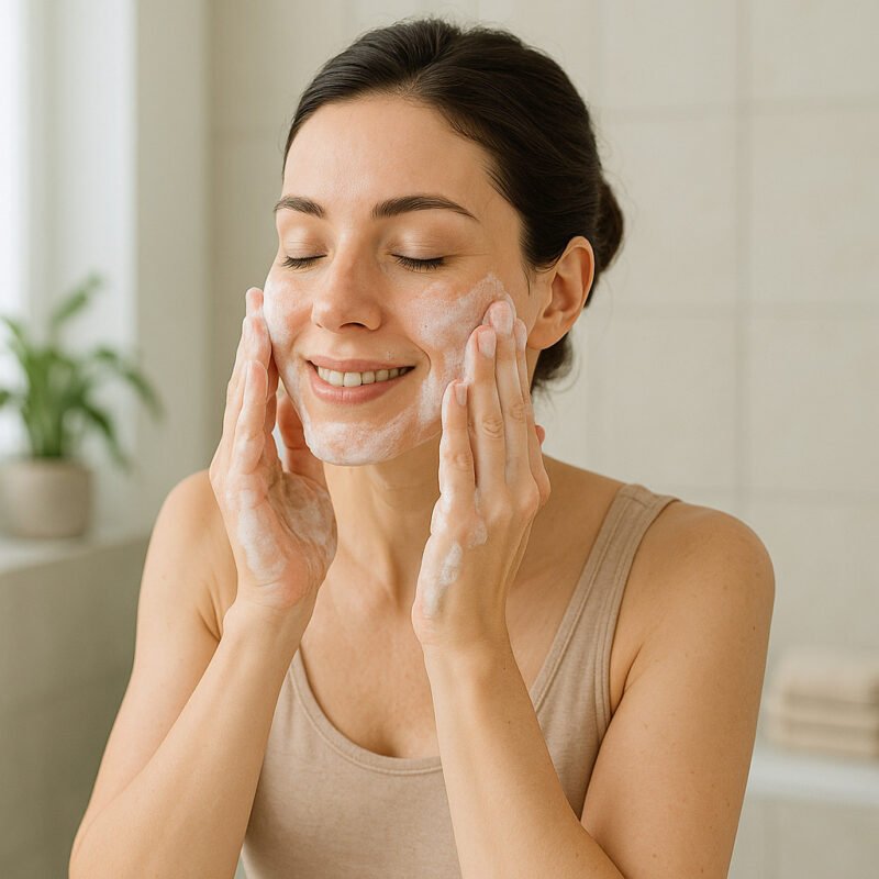 Femme souriante se nettoyant le visage avec une mousse douce dans une salle de bain lumineuse.