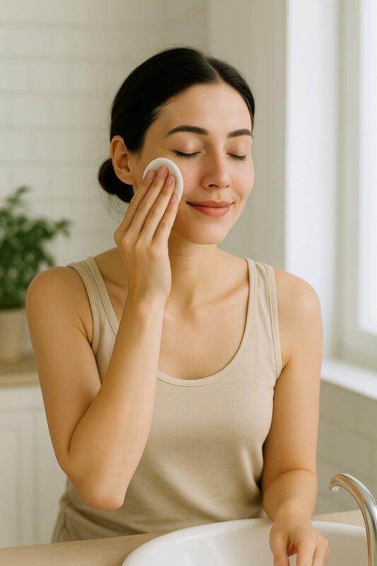Femme appliquant une lotion tonique sur son visage avec un coton, dans une salle de bain lumineuse