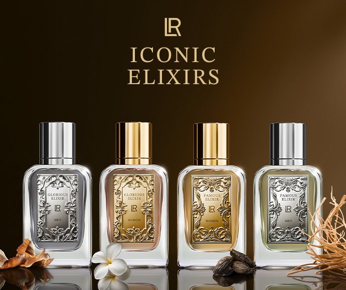 Teaser de la nouvelle gamme de parfums LR ICONIC ELIXIRS, présentant des flacons de parfum et un couple.