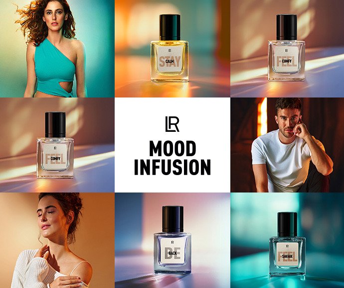 Collage d'images publicitaires pour la collection de parfums LR Mood Infusion, mettant en scène des modèles et des flacons de la gamme. L'image souligne le lien entre les parfums et les émotions. Disponible sur produit-lr.fr