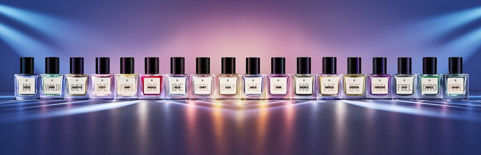 Bannière publicitaire pour la nouvelle gamme de parfums LR Mood Infusion, avec un fond de lumières colorées. Disponible sur produit-lr.fr