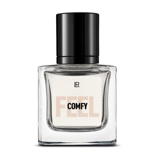 Bouteille du parfum LR FEEL COMFY, un parfum floral-fruité-frais pour femme, qui évoque la sécurité et le bien-être. Disponible sur produit-lr.fr.