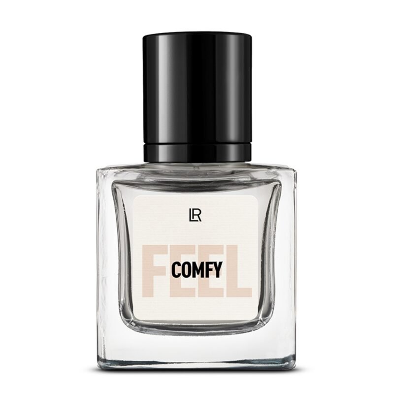 Bouteille du parfum LR FEEL COMFY, un parfum floral-fruité-frais pour femme, qui évoque la sécurité et le bien-être. Disponible sur produit-lr.fr.