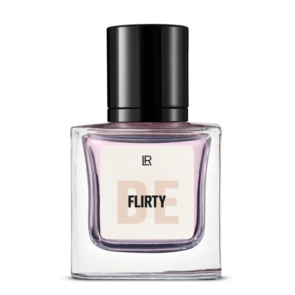 Bouteille du parfum LR BE FLIRTY, un parfum floral-fruité-élégant pour femme, qui évoque la séduction et la légèreté. Disponible sur produit-lr.fr.
