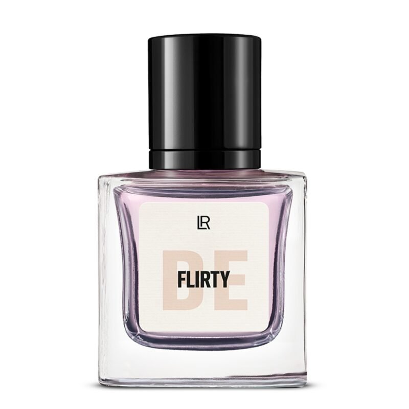 Bouteille du parfum LR BE FLIRTY, un parfum floral-fruité-élégant pour femme, qui évoque la séduction et la légèreté. Disponible sur produit-lr.fr.