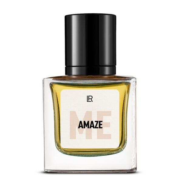 Bouteille du parfum LR AMAZE ME, un parfum floral-vert pour femme, qui évoque la surprise et l'élégance. Disponible sur produit-lr.fr.