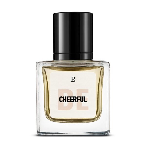 Bouteille du parfum LR BE CHEERFUL, un parfum floriental-épicé pour femme, qui évoque la fraîcheur et la joie. Disponible sur produit-lr.fr.