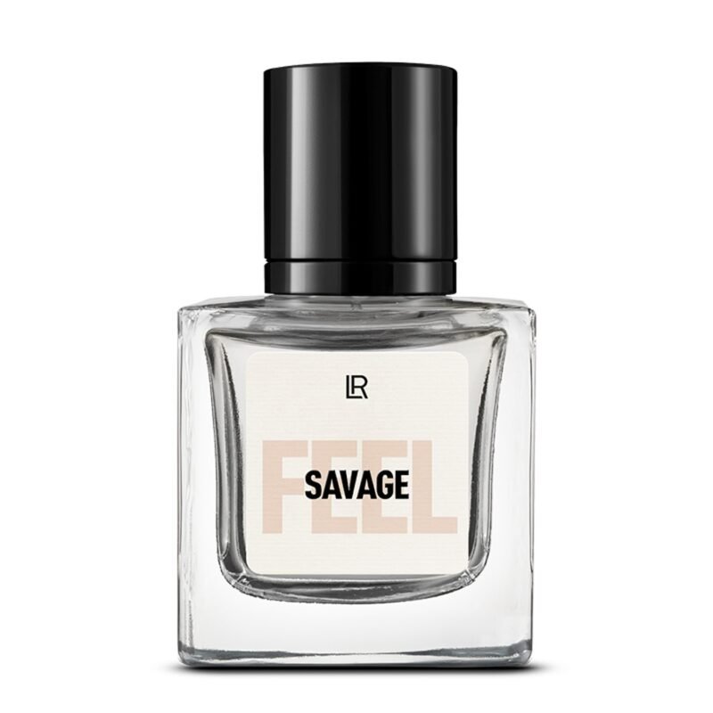 Bouteille du parfum LR FEEL SAVAGE, un parfum frais, floral et énergique pour femme, qui évoque l'audace et la liberté. Disponible sur produit-lr.fr.