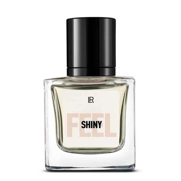 Bouteille du parfum LR FEEL SHINY, un parfum floral musqué pour femme, évoquant l'élégance et la confiance. Disponible sur produit-lr.fr.