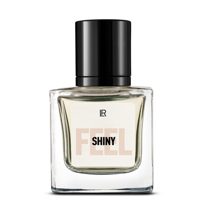 Bouteille du parfum LR FEEL SHINY, un parfum floral musqué pour femme, évoquant l'élégance et la confiance. Disponible sur produit-lr.fr.