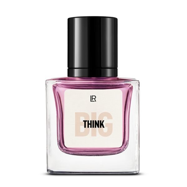 Bouteille du parfum LR THINK BIG, un parfum chypre-floral pour femme, qui évoque l'inspiration et la créativité. Disponible sur produit-lr.fr.