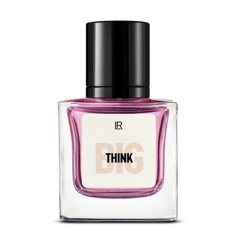 Bouteille du parfum LR THINK BIG, un parfum chypre-floral pour femme, qui évoque l'inspiration et la créativité. Disponible sur produit-lr.fr.